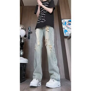 7家優(yōu)品 破洞牛仔褲男士夏秋季薄款美式高街寬松修身直筒微喇長褲子男 XHJFS-A170黃色 2XL