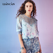 蓮燦2025春夏新浪漫仙氣原創(chuàng  )刺繡印花燙銀五分袖雪紡衫蕾絲衫女 淡藍色 S