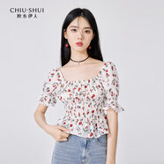 秋水伊人高腰顯瘦辣妹風(fēng)雪紡衫夏季新款女裝甜美少女氣質(zhì)上衣 花料 S