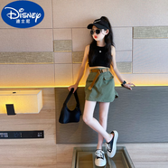 迪士尼（Disney）女童背心短褲套裝爵士街舞夏季2025新款兒童褲子女孩大童工裝裙褲 軍綠色裙褲 (贈(zèng)腰帶) 160 (適合150-160cm，11-12歲)