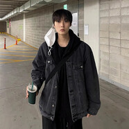 衣然呈品夾克男士秋冬款休閑復古破洞高街潮牌痞帥寬松百搭保暖牛仔外套男 灰色 L 【建議105-125斤】