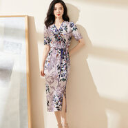 米思陽(yáng)（missshine）2024春季新款優(yōu)雅氣質(zhì)印花真絲連衣裙中長(cháng)裙桑蠶絲女裙 紫色 S