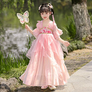 安妮優(yōu)兒女童漢服中國風(fēng)超仙夏季連衣裙女孩2025新款短袖裙子兒童粉色 130