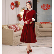 塞德勒敬酒服新娘2025新款冬季酒紅色訂婚禮服女厚款結婚回門(mén)便裝高端 酒紅色中長(cháng)款 M