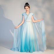 卟先生兒童古箏演出服女童聲樂藝考藍(lán)色漸變色仙中國風(fēng)飄逸民樂公主禮服 湖藍(lán)色 160 cm