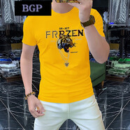 BGP潮牌歐美風夏季新款潮流男半袖T恤圓領字母虎頭燙鉆百搭修身短袖 黃色 M