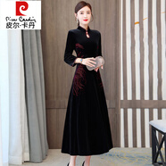 皮爾卡丹（pierre cardin）改良金絲絨旗袍女2025新款高貴洋氣中年媽媽秋冬款加絨加厚連衣裙 黑色(常規) L