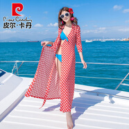 皮爾卡丹（pierre cardin）沙灘裙2025新款女夏季三亞海邊度假長(zhǎng)裙旅游拍照波西米亞連衣裙子 紅底鏈鎖 襯衫領(lǐng) S