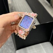 蕾匯嘉貓頭鷹適用apple watch s10表帶金屬蘋果手表s9保護殼套iWatch鑲鉆s8/s7/s6腕帶iPhone手表配件  4 流蘇花鑲鉆款保護殼-玫金單殼 40mm適用iwatch4/5/