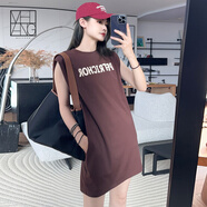 美洋（MEIYANG）夏日冰咖T恤 美式復古字母印花無(wú)袖撞色圓領(lǐng)背心短裙時(shí)尚連衣裙女 咖色 M