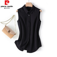 皮爾卡丹（pierre cardin）白色無(wú)袖襯衫女夏季中長(cháng)款內搭坎肩上衣寬松打底背心翻領(lǐng)雪紡襯衣 黑色 M