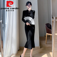 皮爾卡丹（pierre cardin）新中式旗袍女2025秋冬絕美國風感粉色針織連衣裙包臀魚尾長裙 黑色 S