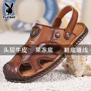 花花公子（PLAYBOY）沙灘鞋牛皮男士涼鞋真皮夏季涼拖兩用夏天防滑涼鞋透氣大碼可泡水 8901黃棕色 42