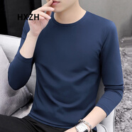 HXZH輕奢男裝 長(zhǎng)袖t恤男圓領(lǐng)春秋時(shí)尚休閑體恤純色百搭打底衫上衣潮流 寶藍(lán)色 L (115-130斤)