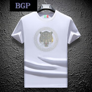 BGP歐美風(fēng)2024夏季新款時(shí)尚百搭潮流老虎頭燙鉆修身短袖t恤男士圓領(lǐng) 白色 2XL