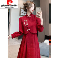 皮爾卡丹新中式旗袍紅色連衣裙敬酒服套裝女秋冬季新娘訂婚回門禮服平時(shí)穿 酒紅色兩件套 XL 【116-125斤】
