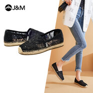 快樂瑪麗（J&M）漁夫鞋女士夏季休閑鏤空透氣平底懶人一腳蹬單鞋女 黑色 39 