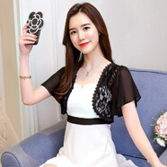 KAROND新品搭肩小披肩夏季新款短款短袖蕾絲雪紡小坎肩披肩防嗮依顯瘦外搭開(kāi)衫上衣 黑色 M