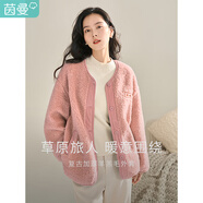 茵曼（INMAN）田園圓領(lǐng)羊羔毛文藝寬松繡花圖案2025秋季新款女裝開衫外套大衣 淺粉色-18348693 L