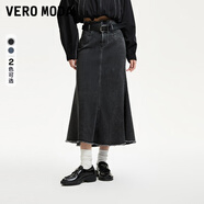 VEROMODA牛仔半身裙2024秋冬高腰毛邊水洗開叉魚尾長裙324137019 324137034J09深牛仔灰色-追單 L