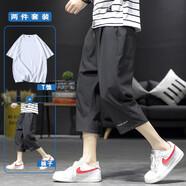 主意范胖子大碼七分褲子男冰絲短褲夏季休閑褲寬松運動(dòng)速干加肥加大碼褲 黑色+白色T恤 L 105-130斤