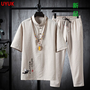 UYUK國風(fēng)中國風(fēng)套裝男唐裝男潮牌復(fù)古外套中式漢服古裝冰絲短袖T恤男青年 TZ026杏色 4XL
