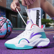 駿喬籃球鞋男高幫戰靴高彈減震休閑運動(dòng)鞋實(shí)戰球鞋大碼46青少年學(xué)生鞋 白色（皮面） 36