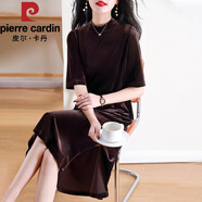 皮爾卡丹（pierre cardin）2025秋裝新款絲絨中袖連衣裙直筒裙氣質金絲絨裙復古開叉裙打底裙 咖啡色 M 建議96-105斤