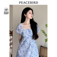 太平鳥海風(fēng)特調(diào)收腰方領(lǐng)連衣裙鹽縮浪漫一字肩兩穿裙子女夏季 藍(lán)色紋樣 L