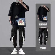 摘星少年衣服春夏季套裝男青少年帥氣短袖兩件套港風半袖T恤工裝褲一套裝 大鯊魚黑+K94褲子黑【兩件套】 XL 115-140斤 優(yōu)先發(fā)貨