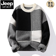 JEEP SPIRIT冬季新款圓領(lǐng)加厚毛衣男針織衫幾何潮牌長袖衣服男士打底衫歐美男 黑色 M