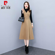 皮爾卡丹兩件裝裝背帶連衣裙2023新款秋冬女裝氣質(zhì)毛呢早秋季穿搭背心裙子 卡其 M