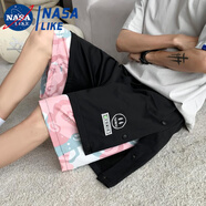 NASALIKE七分褲男假兩件籃球排扣褲夏季日系大碼運(yùn)動(dòng)潮牌腰果花褲休閑褲男 H67黑色五′褲 笑臉 3XL