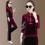 蘭威費雷金絲絨套裝女時(shí)尚新款韓版休閑運動(dòng)套裝女春秋款兩件套運動(dòng)服 酒紅色 2XL (115-130斤)