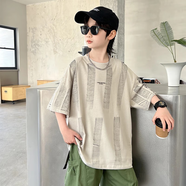 BABYBODY男童韓版T恤短袖夏裝潮牌新款中大童男裝棉質(zhì)上衣寬松痞半袖 灰豎紋 170CM【建議身高155-160CM】