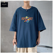 大魚(yú)界線(xiàn)ins超火的上衣服男ulzzang情侶裝夏裝短袖t恤男潮流學(xué)生班服原宿港風(fēng)bf半袖體恤打底衫 深藍色 4XL(180-200斤）