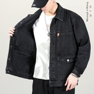 望了型300斤特大碼牛仔外套男加肥加大寬松工裝外套夾克衣服青年字母刺繡牛仔外套時(shí)尚夾克衫男 8008黑色 7XL【建議220-250斤】