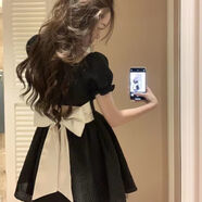索宛亦法式甜辣泡泡袖a字裙女2024夏季新款小個子蝴蝶結短袖連衣裙ins潮 黑色 【后背蝴蝶結+脖飾】 M 建議100-110斤穿
