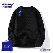 WASSUP HERMU潮牌聯(lián)名純色毛衣男女春秋季圓領(lǐng)打底針織衫保暖寬松情侶大碼上衣 31黑色 2XL（推薦140-155斤）