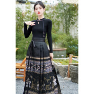 聞鶯燕春季改良漢服成人國風(fēng)緞面上衣一片式織金妝花緞面全套馬面裙玉貓 常規黑衣+馬面裙玉貓 S