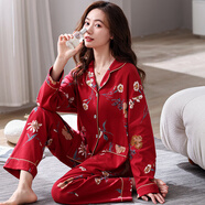 優(yōu)婷菲（YOUTINGFEI）睡衣女春秋季純棉長(cháng)袖薄款寬松全棉家居服女士秋款大碼套裝可外穿 YD-7550深紅 L (身高158-165 體重100-125)