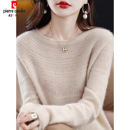 皮爾卡丹（pierre cardin）秋冬新款一線(xiàn)成衣圓領(lǐng)仿羊.絨衫女勾花鏤空針織打底套頭提花毛衣 原絨米 S
