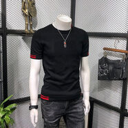 元樂申男士秋冬短袖毛衣圓領(lǐng)套頭修身潮流青年半袖針織衫男裝打底衫 黑色 R字款 M