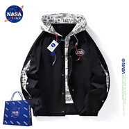 NASA LIKE官方外套男春秋季假兩件連帽夾克男士休閑棒球服寬松工裝沖鋒上衣 黑色 XL （建議120-140斤）