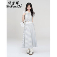 舒芳蝶（shufangdie）連衣裙女裝2025夏季新款韓版條紋撞色時(shí)尚百搭娃娃領(lǐng)襯衫套裝裙女 藍白條紋上衣+藍白條紋裙子 S