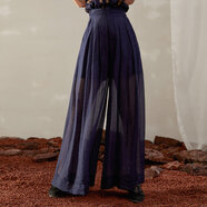 界內界外原創(chuàng  )設計品牌黑色天絲闊腿褲女21夏寬松休閑直筒顯瘦雪紡褲拖地長(cháng)裙褲 藏藍色 S