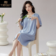 莫代爾帶胸墊睡裙女夏天季網(wǎng)紅風(fēng)帕洽狗可愛(ài)睡衣女士短袖寬松孕婦連衣裙 23082 純色白條裙 淺藍色 帶胸墊 170(XL)