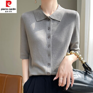 皮爾卡丹（pierre cardin）精紡天絲細(xì)羊毛POLO領(lǐng)短袖開(kāi)衫女夏季薄款舒適百搭針織衫半袖上衣 霧都灰 S