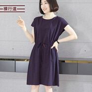 橫行道圓領(lǐng)松緊腰條紋短袖連衣裙2024新款夏裝蝙蝠袖寬松洋氣裙子 藍(lán)條 M