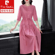 皮爾卡丹（pierre cardin）春夏女裝2024年新款連衣裙中長(zhǎng)款收腰長(zhǎng)裙棉麻苧麻亞麻裙子女 粉紅色 L 建議130斤以?xún)?nèi)